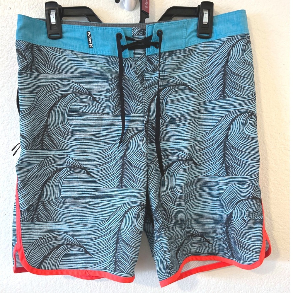 Hurley Phantom Mens Board Shorts Size 30 Blue Black Wave Print Orange Trim